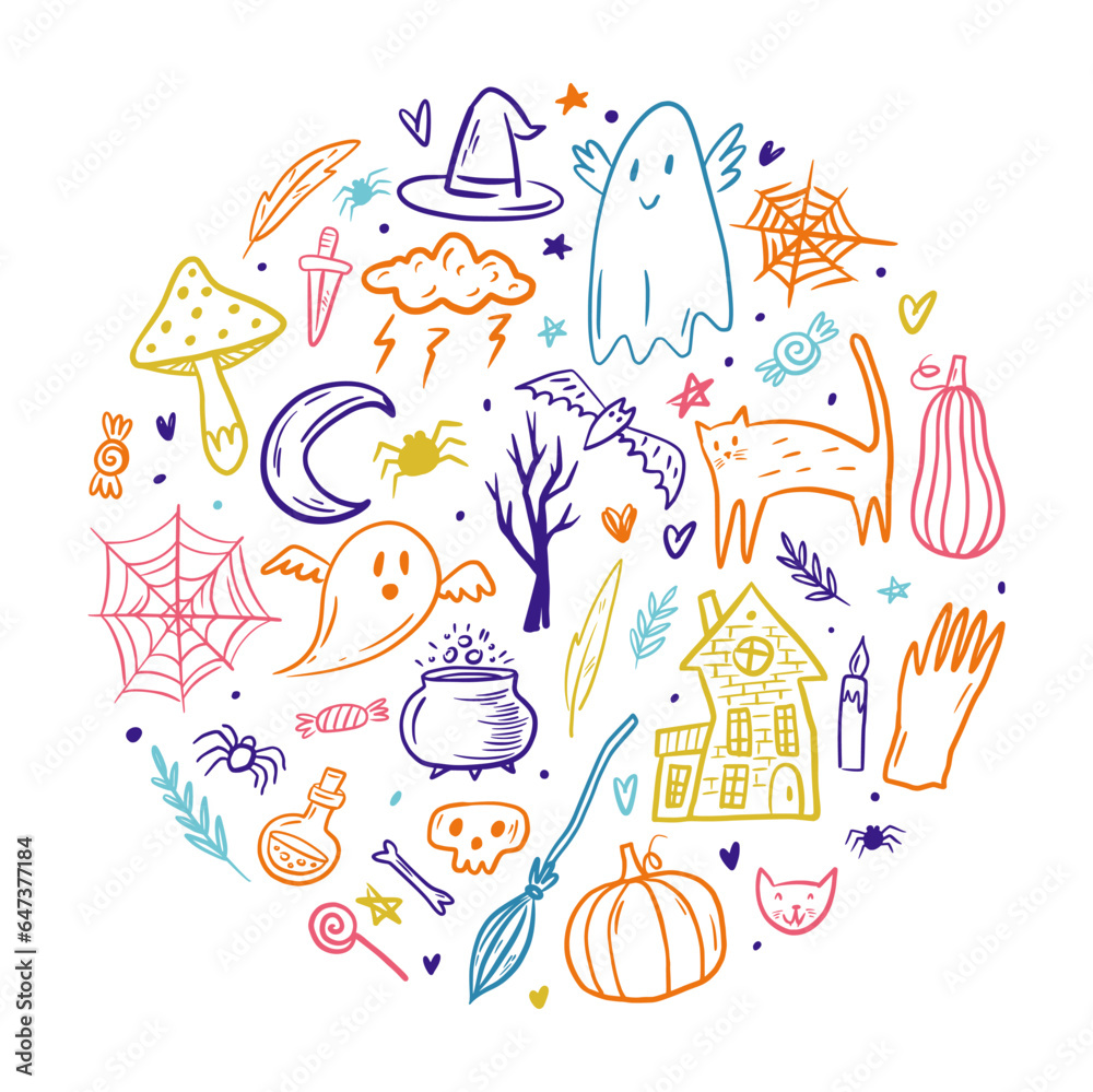 Round illustration of Halloween symbols, hand-drawn in the style of doodles