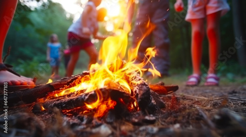 Group of kids playing around bonfire in the summer  forest. Tourism and travel concept. © Anna