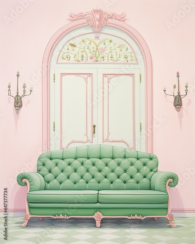 An eclectic interior design featuring a vibrant green couch against a candy-colored pink wall creates a whimsical and inviting atmosphere photo