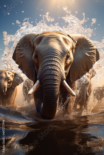 Joyful Elephants Splashing Water - AI Generated