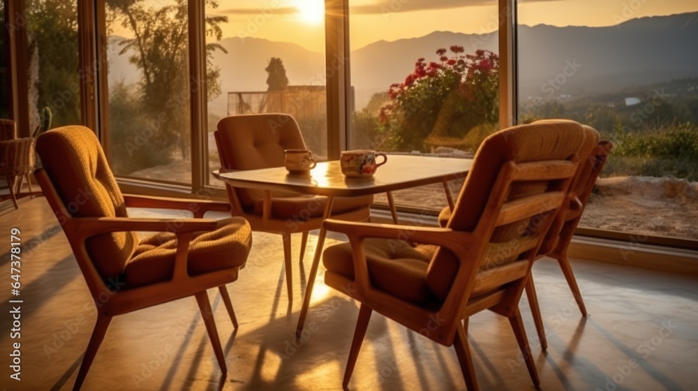 chairs and table near the window and see the mountain view in the rural villa in the morning sunrise