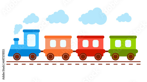 Cute toy train locomotive for kid, engine, wagon, wheels and railway for child. Flat vector illustration for holiday, birthday and shop. Transport children game.