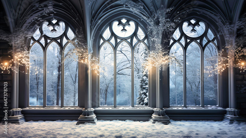 Snow embellishing the arches of a gothic window frame,