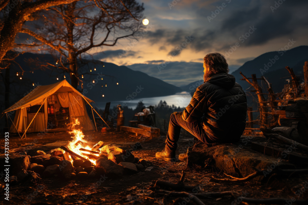 A traveler sits by a campfire under a starry sky, basking in the calming atmosphere of a remote wilderness retreat. Generative Ai.
