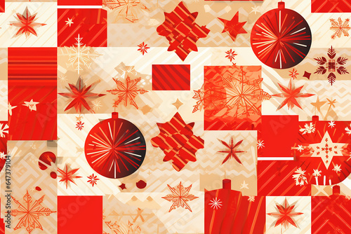 A patchwork of stars and ornaments for Christmas, repeating seamless pattern photo