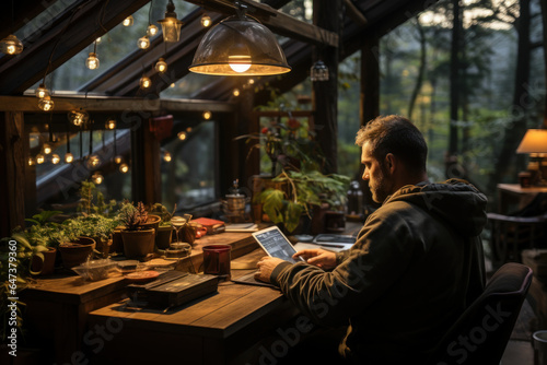 A young professional enjoys a digital detox retreat in a forest cabin, prioritizing solitude and nature for mental rejuvenation. Generative Ai. © Sebastian