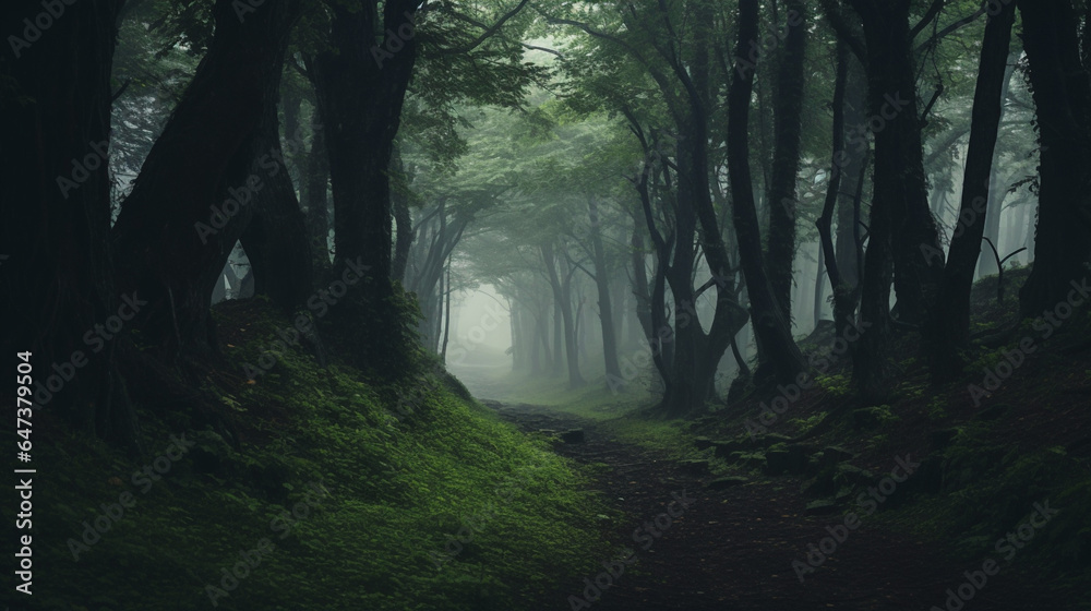 Foggy forest path in the morning