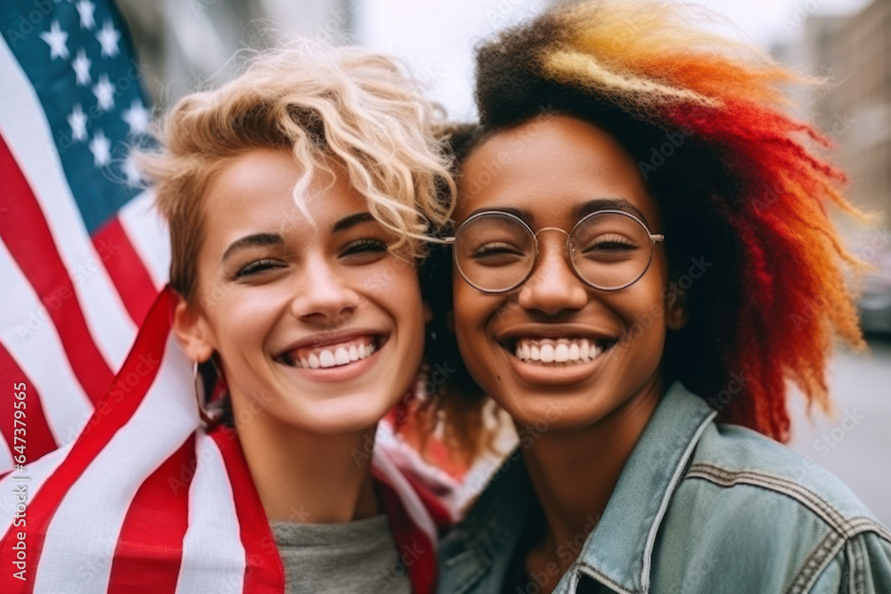 Close up portrait of two multiethnic girls holding american flag and looking at camera Close up portrait of two multiethnic girls holding american flag and looking at camera