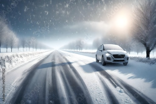 Winter Driving - Heavy snowfall on a country road. Driving on it becomes dangerous  photo