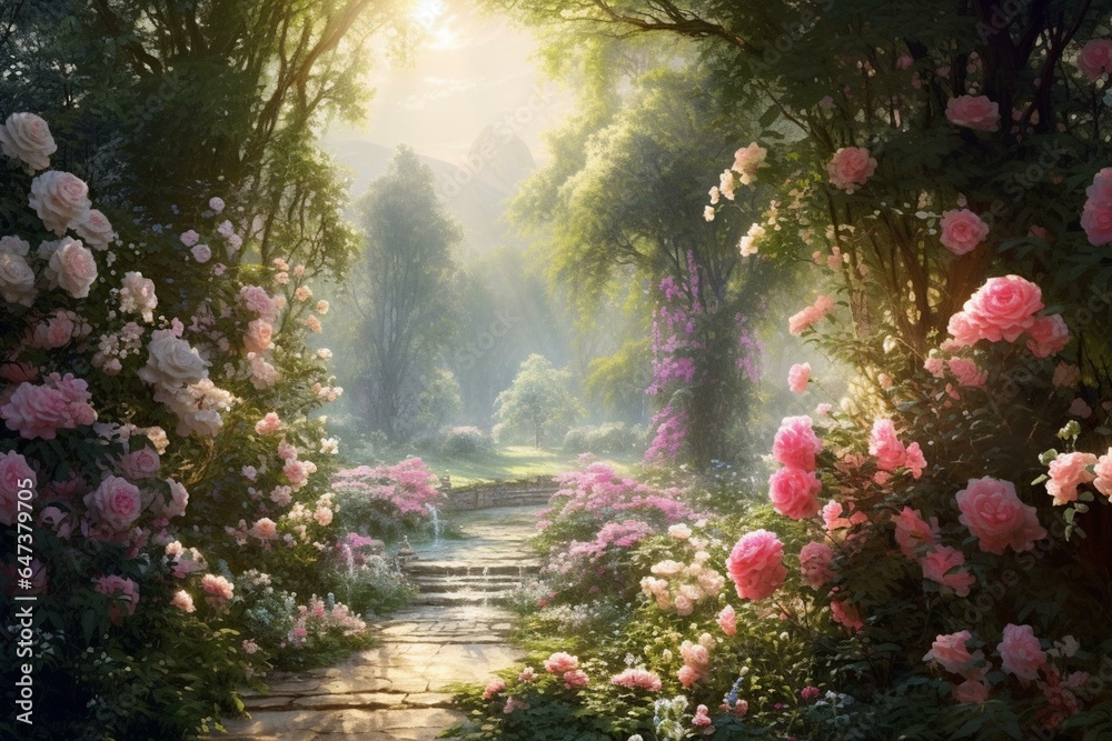Stunning summer scenery; enchanting garden full of roses, butterflies. Generative AI