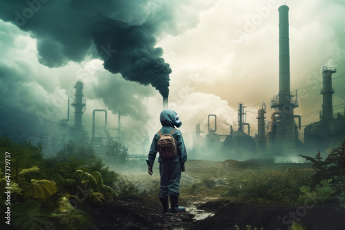 A child in protective gas mask against the backdrop of factories polluting air