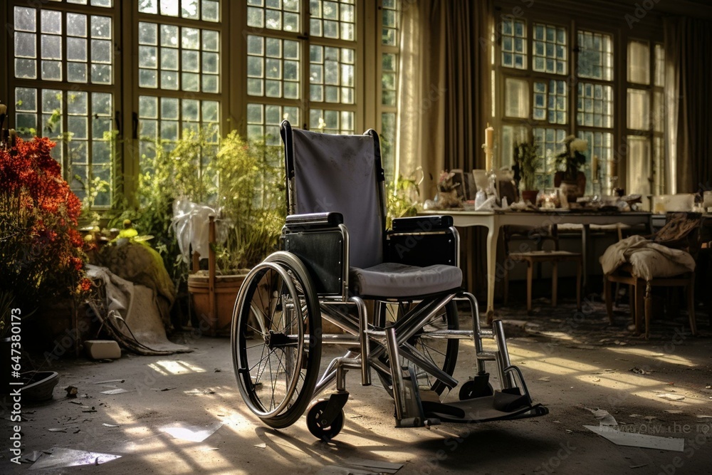 Interior of a room in a nursing home featuring a wheelchair. Generative AI