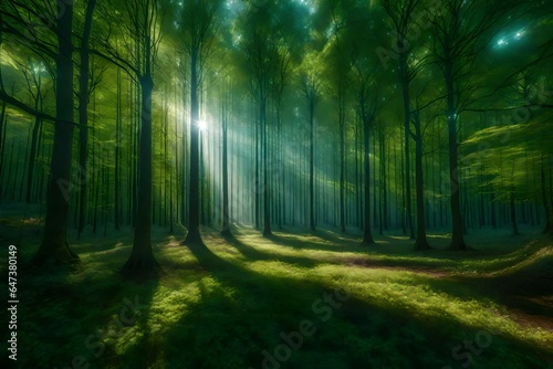 an ultra-realistic image of a serene forest glade where trees are woven together with iridescent threads of magic - AI Generative © Being Imaginative