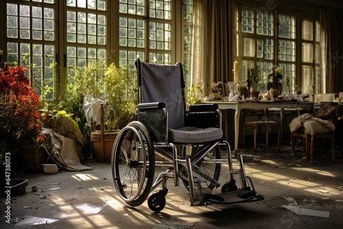 Interior of a room in a nursing home featuring a wheelchair. Generative AI © Idris