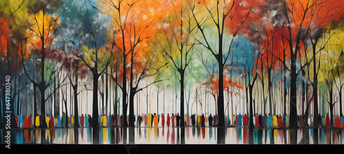 Colorful and diverse group of trees with different and unrecognizable people in a forest full of color in a panoramic shot with a wide angle of view. Concept: Dancing in harmony with trees.