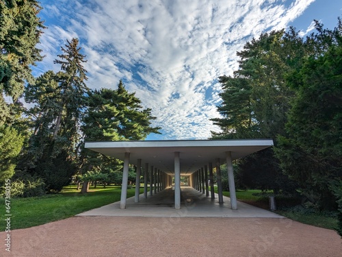 famous kolonada park in Podebrady SPA historical town with the source of mineral healing water,green paths in city park and fountains,Bohemia,Polabi region, Czech republic,central Europe photo