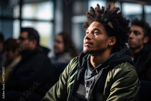 A student slouching in their chair, gazing out the window with a bored expression during a lecture. Generative Ai. © Sebastian