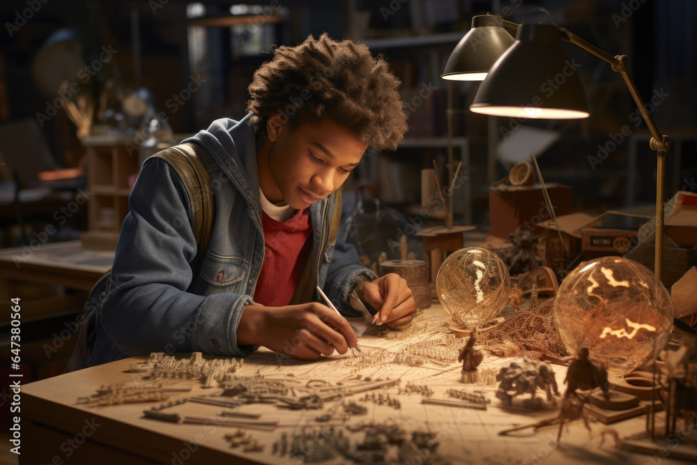 A student leaning forward with an eager expression, fully engaged in a hands-on activity that sparks their curiosity. Generative Ai. A student leaning forward with an eager expression, fully engaged in a hands-on activity that sparks their curiosity. Generative Ai.