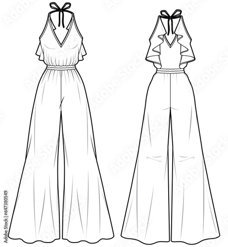 Sleeveless halterneck jumpsuit design flat sketch fashion illustration with front and back view, Ruffle overall jumpsuit wraparound blazer dress with flare wide leg pant drawing vector template.