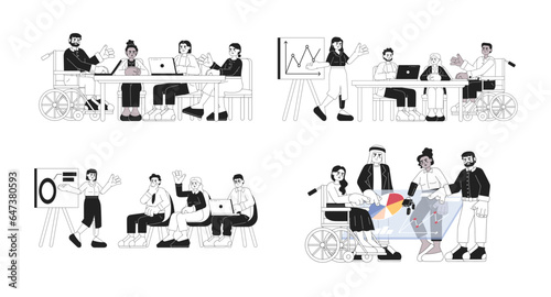Diverse team works together black and white cartoon flat illustration set. Diversity coworkers linear 2D characters isolated. Inclusion workplace teamwork monochromatic scenes vector image collection