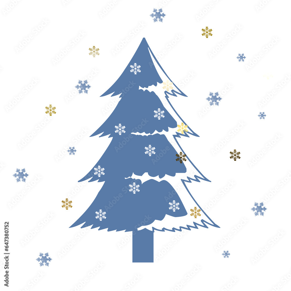 blue Christmas tree with snowflakes, flat style