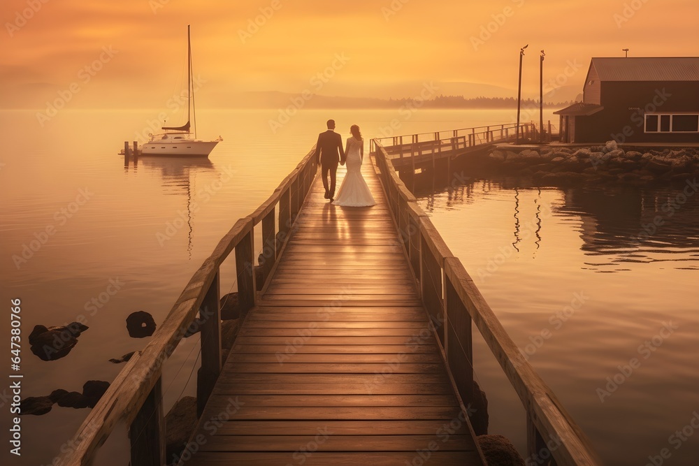 Fototapeta premium A bride and groom walking on the wooden jetty near the water during sunset