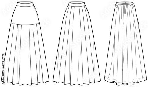 Women long Skirt flat sketch vector illustration, Set of womens long Full length skirt for casual wear fashion technical drawing vector template mock up