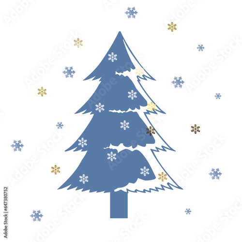 blue Christmas tree with snowflakes, flat style