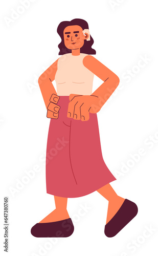 Latina woman with disability hearing aid 2D cartoon character. Deaf young adult female posing isolated vector person white background. Beautiful lady with ear cuff color flat spot illustration