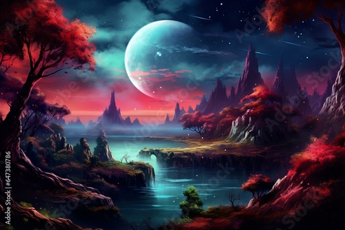 Scenic view fantasy night with vibrant red, green, and blue moon colors. Generative AI