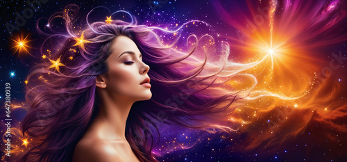 Celestial Dreamscape: A Peaceful and Psychedelic Portrait of a Woman in the Cosmic Wind with Swirls of Magic Powder.