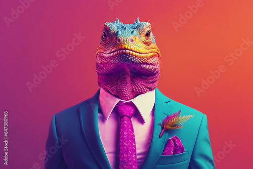 Lizard in a colorful suit and tie. Vibrant colors. Dressed and standing like a businessman