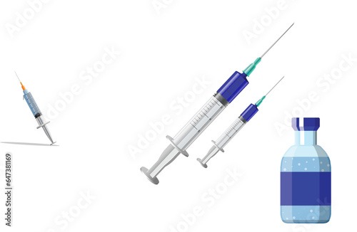 icon plastic medical syringe with needle vaccine bottle and vial in flat style, concept of vaccination, injection. Isolated vector illustration