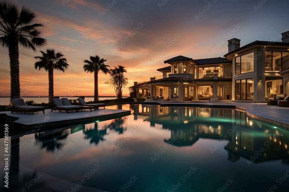Elegant residence, vast pool, at sunset. Generative AI