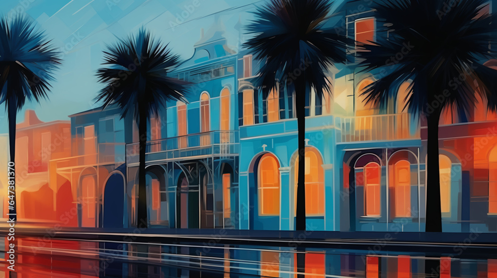 Naklejka premium Tropical - coastal homes - colorful - neon - palm trees - water - inspired by the coastal homes of South Carolina