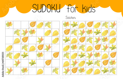 Sudoku educational game, leisure activity worksheet watercolor illustration, printable grid to fill in missing images, autumn Thanksgiving topical vocabulary, puzzle with solution, teacher resources