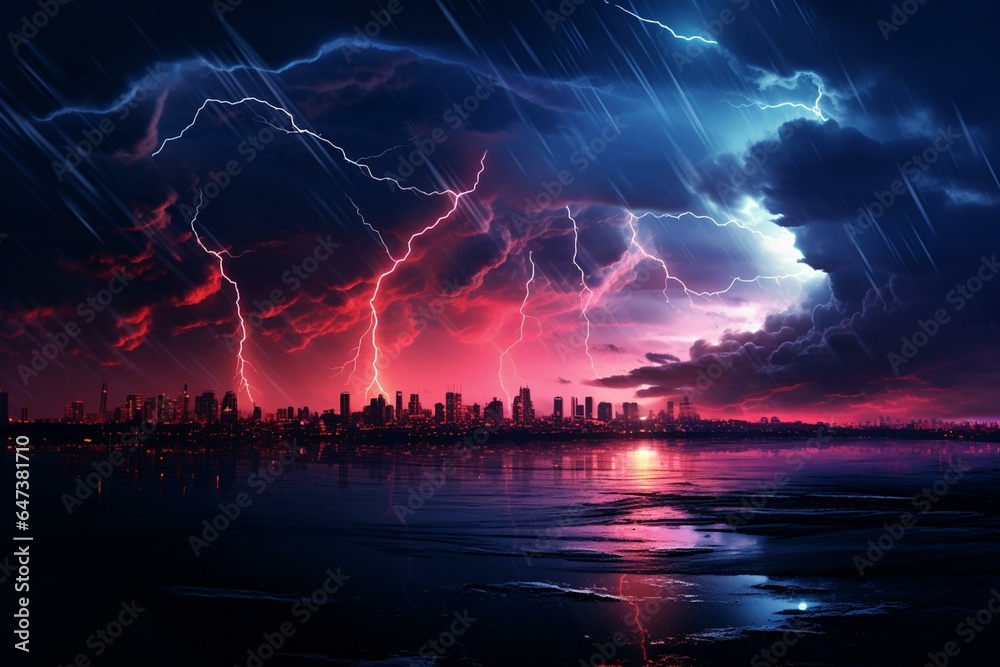 Vibrant, stormy skyscape electrifying cityscape. Generative AI