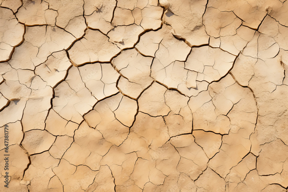 Fototapeta premium Cracked dry clay soil texture or background. Effects of climate change, desertification and droughts