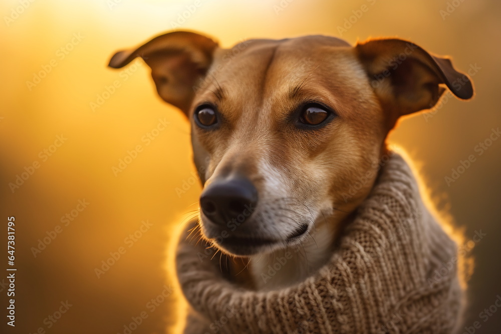 A dog in a knitted scarf or snood and a hat on a beautiful landscape on the background. Autumn or winter concept