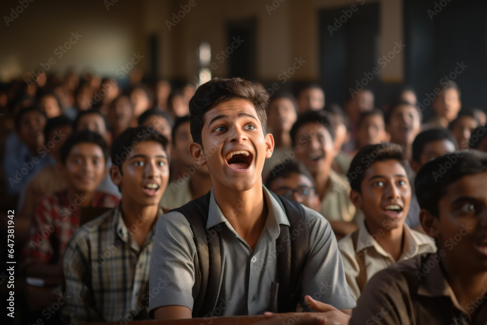 A student's eyes widening with excitement as they receive positive feedback on their project from their teacher. Generative Ai. A student's eyes widening with excitement as they receive positive feedback on their project from their teacher. Generative Ai.
