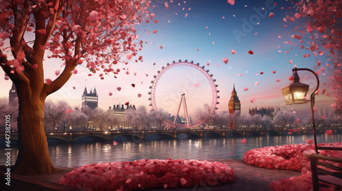 London eye in Valentine Festival background decorate by rose in paper art and craft design concept. Created using generative AI. photo