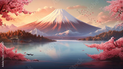 Paper art and craft design concept with Valentine's day with clear sky and decorate by rose in Mt. Fuji. Created using generative AI.
