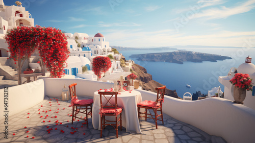 Santorini in Valentine theme decorate by rose in paper art and craft design concept. Created using generative AI.