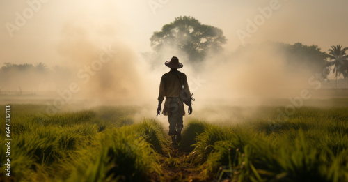 asian farmer in the field with morning fog © Surasri