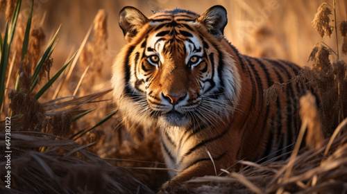 male tiger lay on sawanna field
