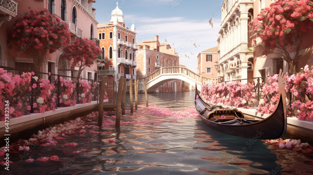 Valentine Festival day time in Venice Italy wallpaper in paper art and craft design concept and animation decorate by rose. Created using generative AI.