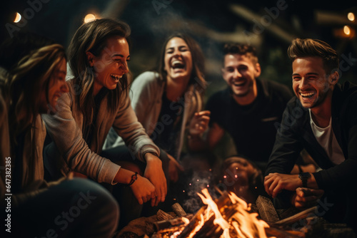 Friends laughing together around a bonfire, sharing stories and joy. Generative Ai.