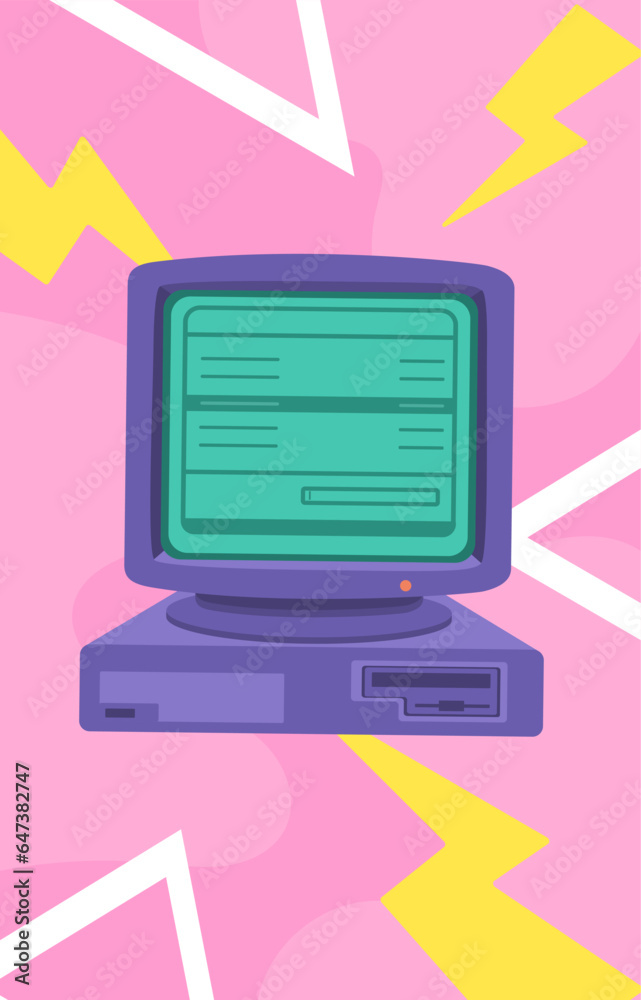 90s style computer concept. Flyer, booklet and leaflet. Back to 80s and 90s. Retro gadget and device with keypad and monitor. Poster or banner for website. Cartoon flat vector illustration 90s style computer concept. Flyer, booklet and leaflet. Back to 80s and 90s. Retro gadget and device with keypad and monitor. Poster or banner for website. Cartoon flat vector illustration