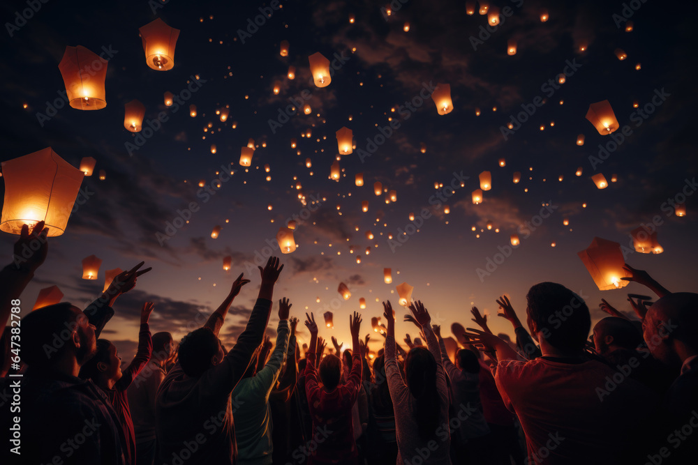 Group of people releasing lanterns into a twilight sky, symbolizing unity and happiness. Generative Ai.