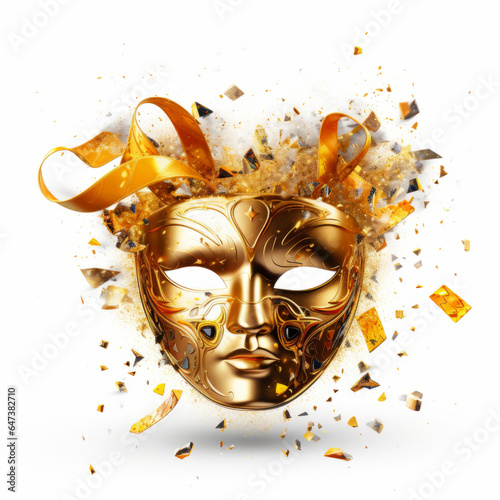 Golden carnival mask, with confetti, white background © Guido Amrein